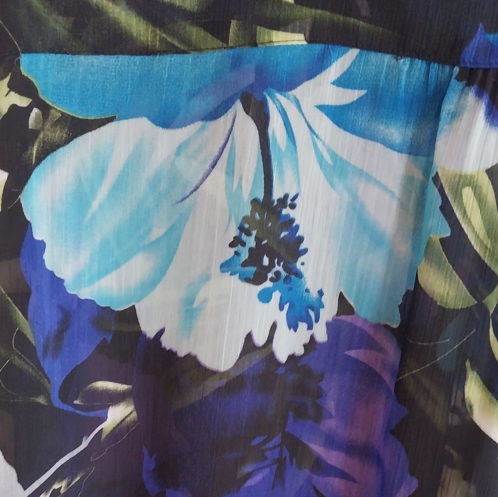 Susan Graver Purple & Blue Tropical Floral Semi Sheer Button Front Blouse - Picture 6 of 8